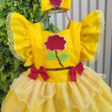 Romper Bebê Temático Princesa Bela Amarelo com Laço