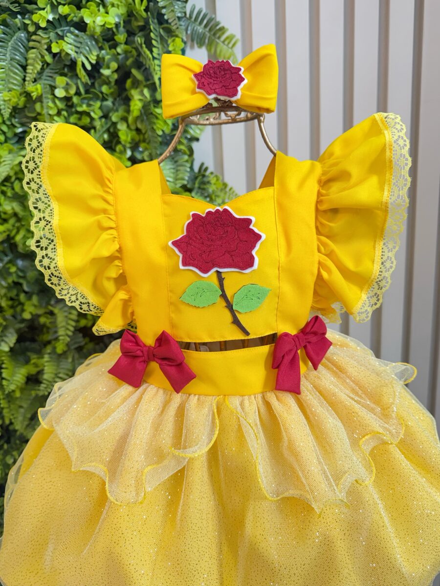 Romper Bebê Temático Princesa Bela Amarelo com Laço