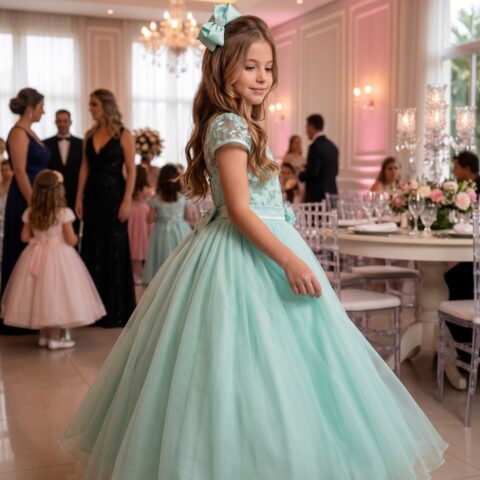 Vestido Longo Infantil Carol Mini Miss Verde Menta Renda