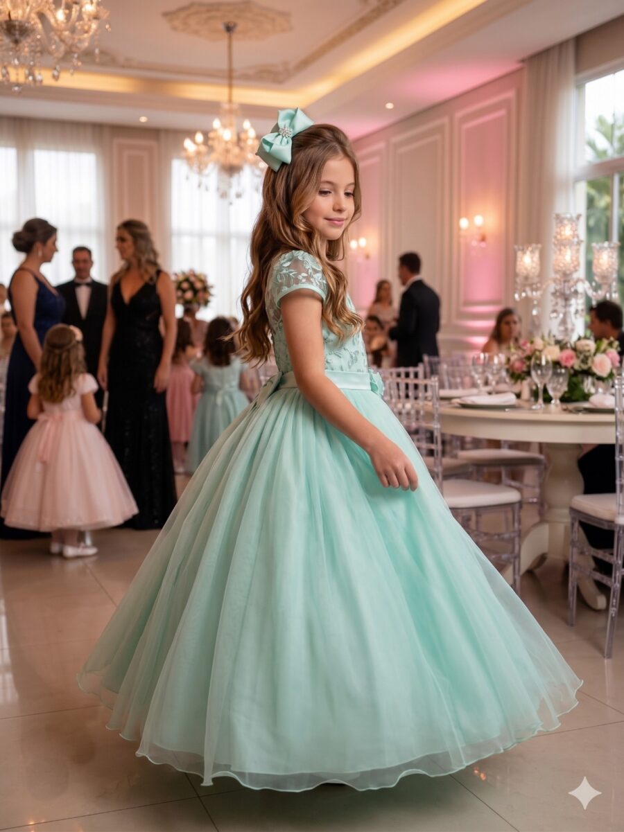 Vestido Longo Infantil Carol Mini Miss Verde Menta Renda
