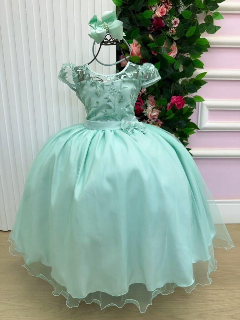 Vestido Longo Infantil Carol Mini Miss Verde Menta Renda