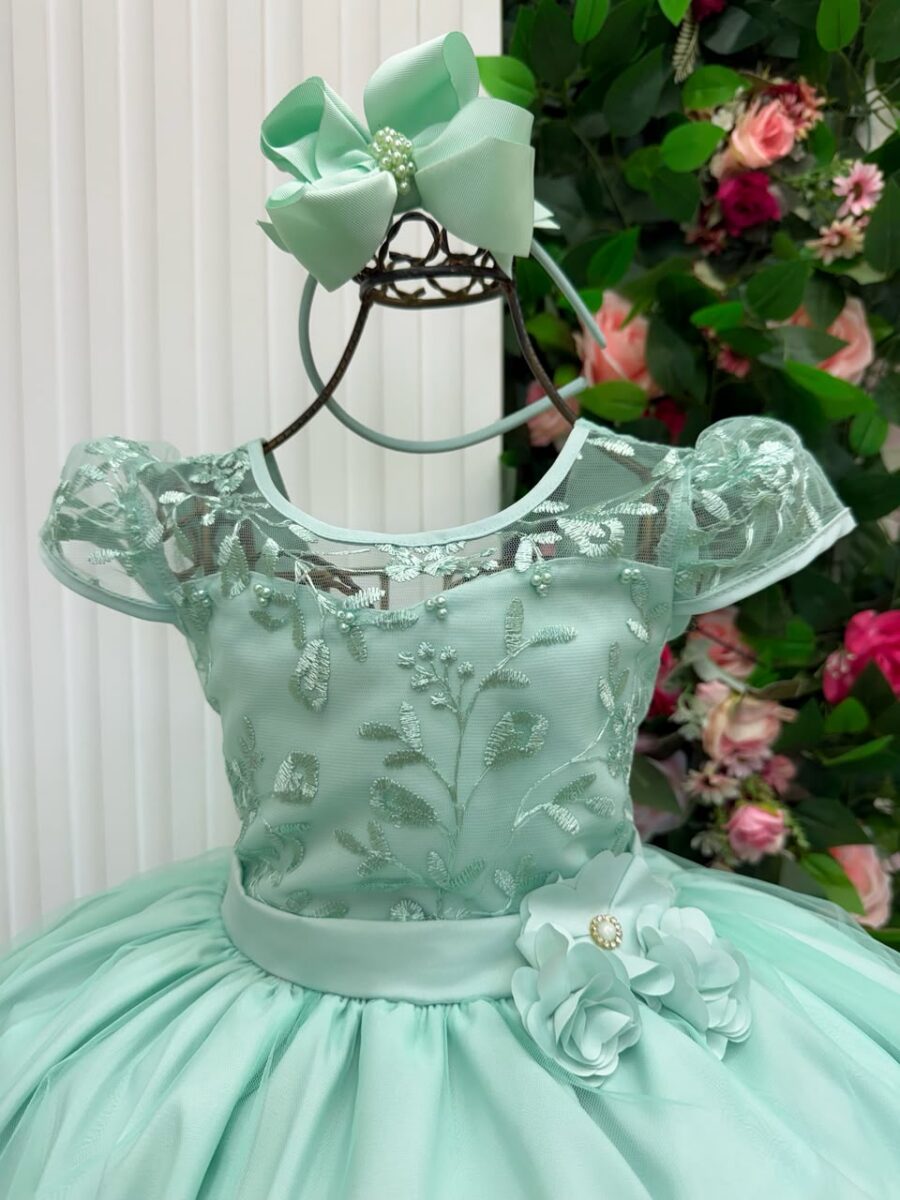 Vestido Longo Infantil Carol Mini Miss Verde Menta Renda