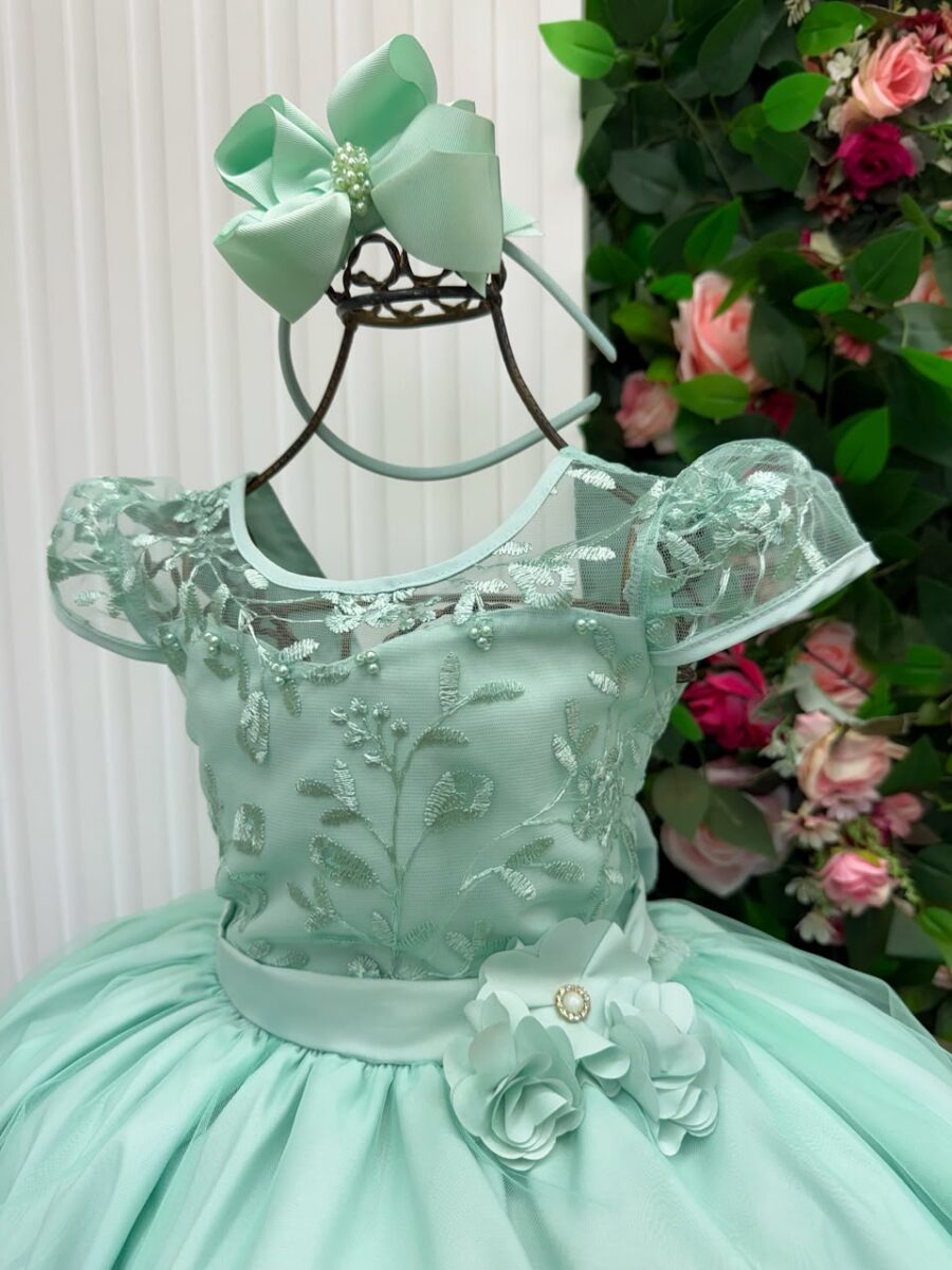 Vestido Longo Infantil Carol Mini Miss Verde Menta Renda