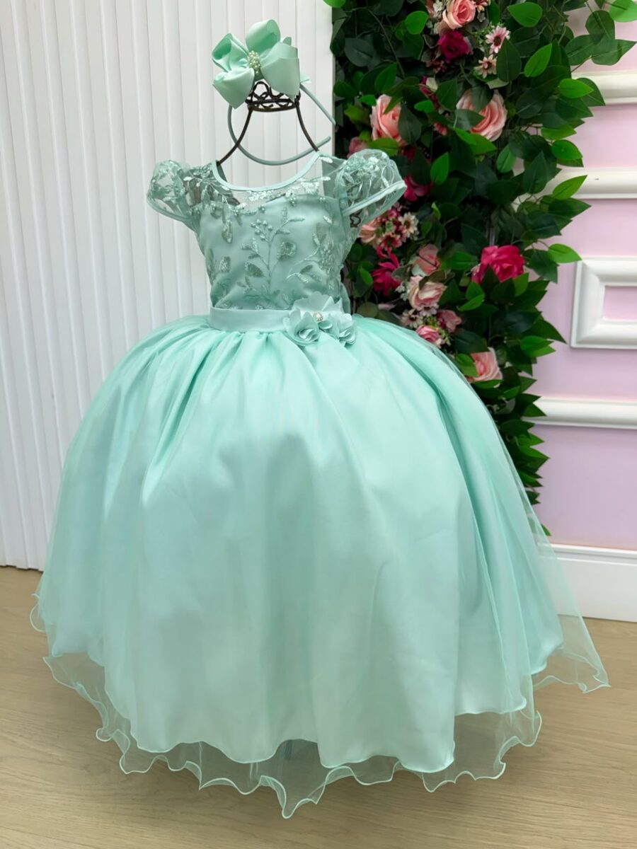 Vestido Longo Infantil Carol Mini Miss Verde Menta Renda