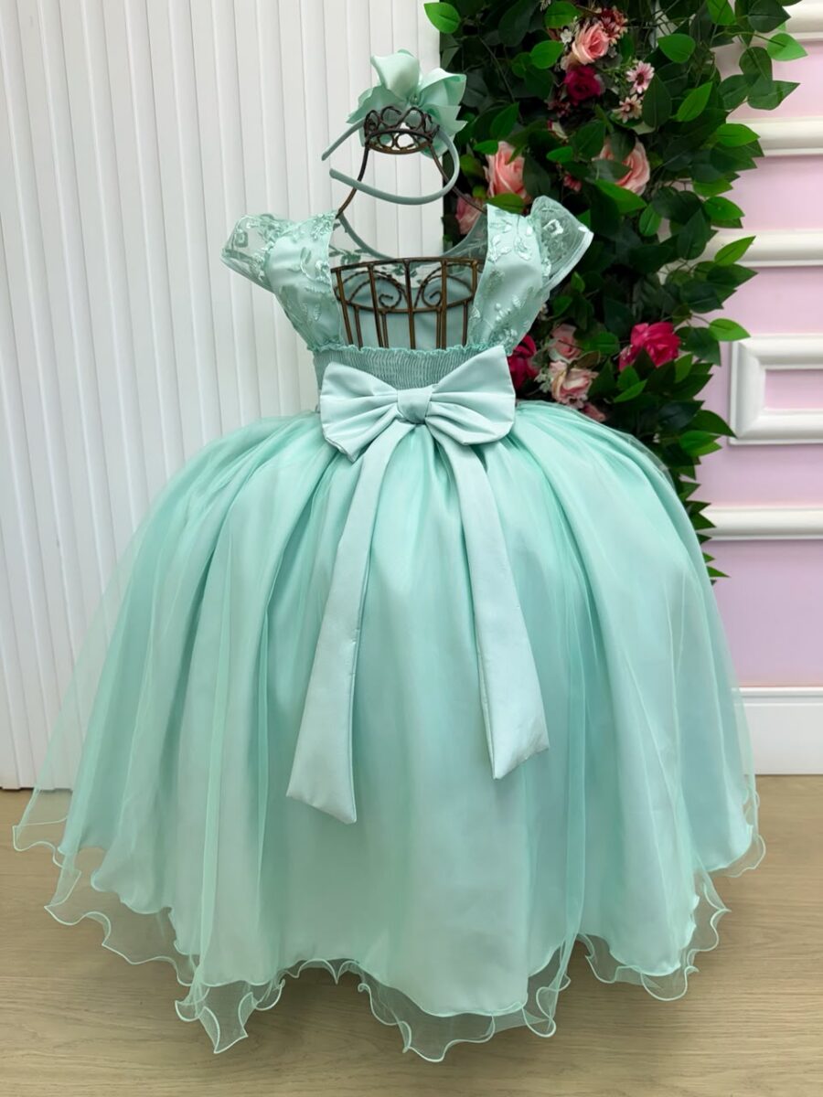 Vestido Longo Infantil Carol Mini Miss Verde Menta Renda