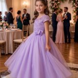 Vestido Longo Infantil Carol Mini Miss Lilás Renda e Tule