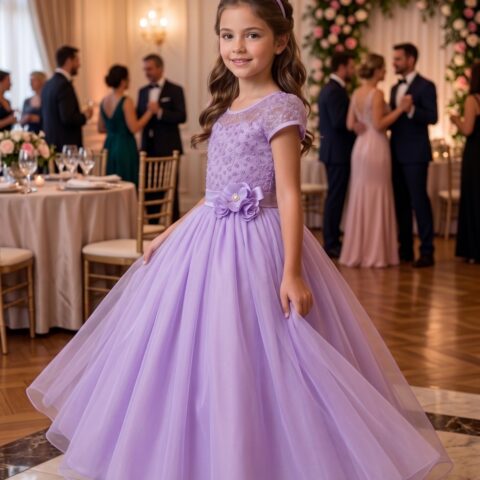 Vestido Longo Infantil Carol Mini Miss Lilás Renda e Tule