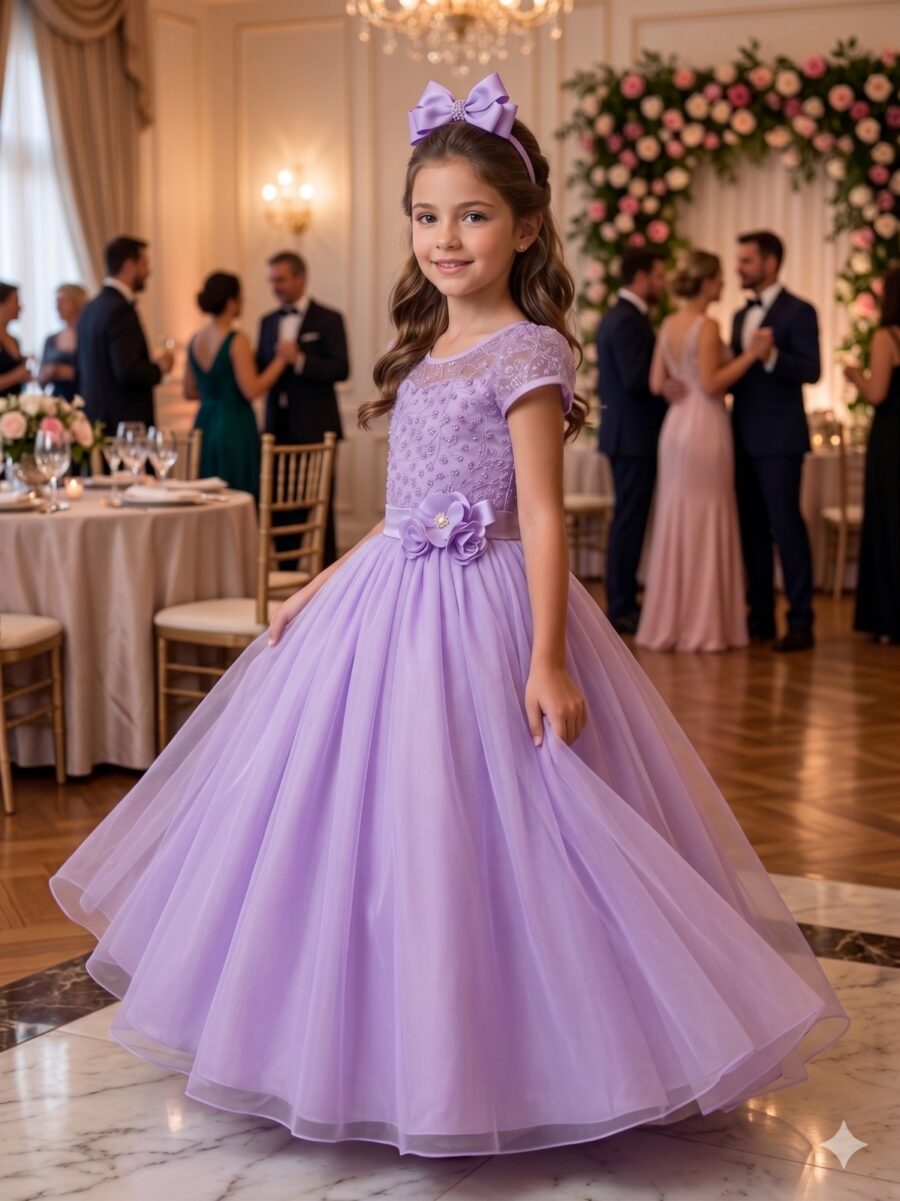 Vestido Longo Infantil Carol Mini Miss Lilás Renda e Tule