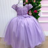 Vestido Longo Infantil Carol Mini Miss Lilás Renda e Tule