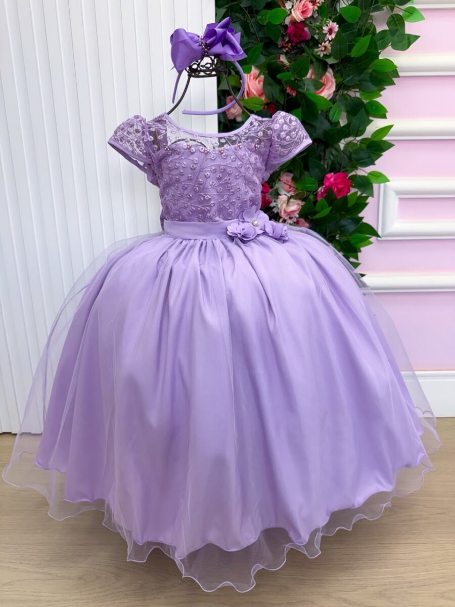 Vestido Longo Infantil Carol Mini Miss Lilás Renda e Tule