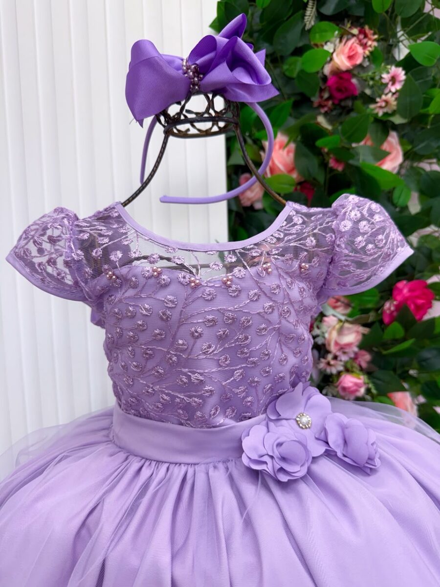 Vestido Longo Infantil Carol Mini Miss Lilás Renda e Tule