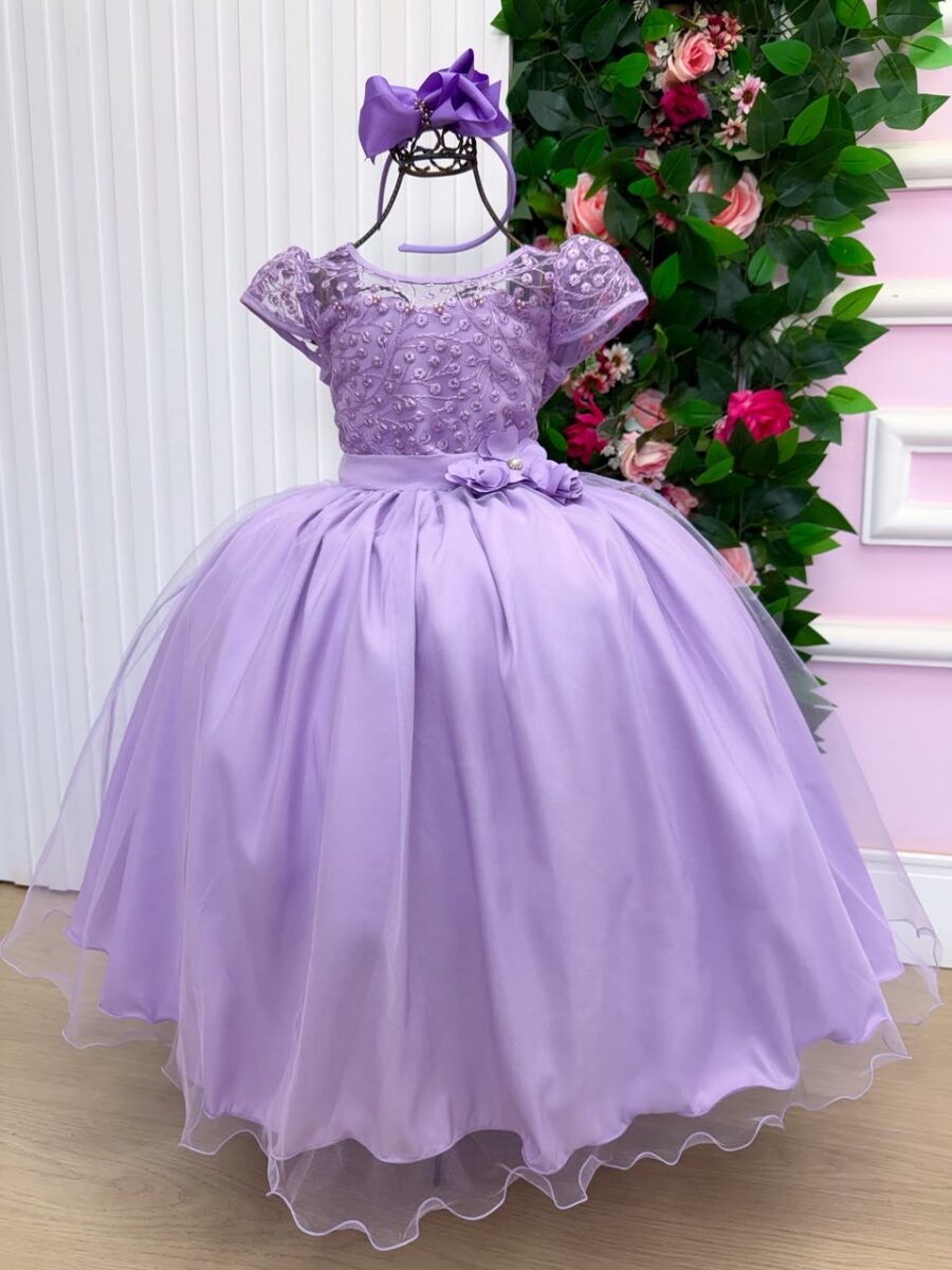 Vestido Longo Infantil Carol Mini Miss Lilás Renda e Tule