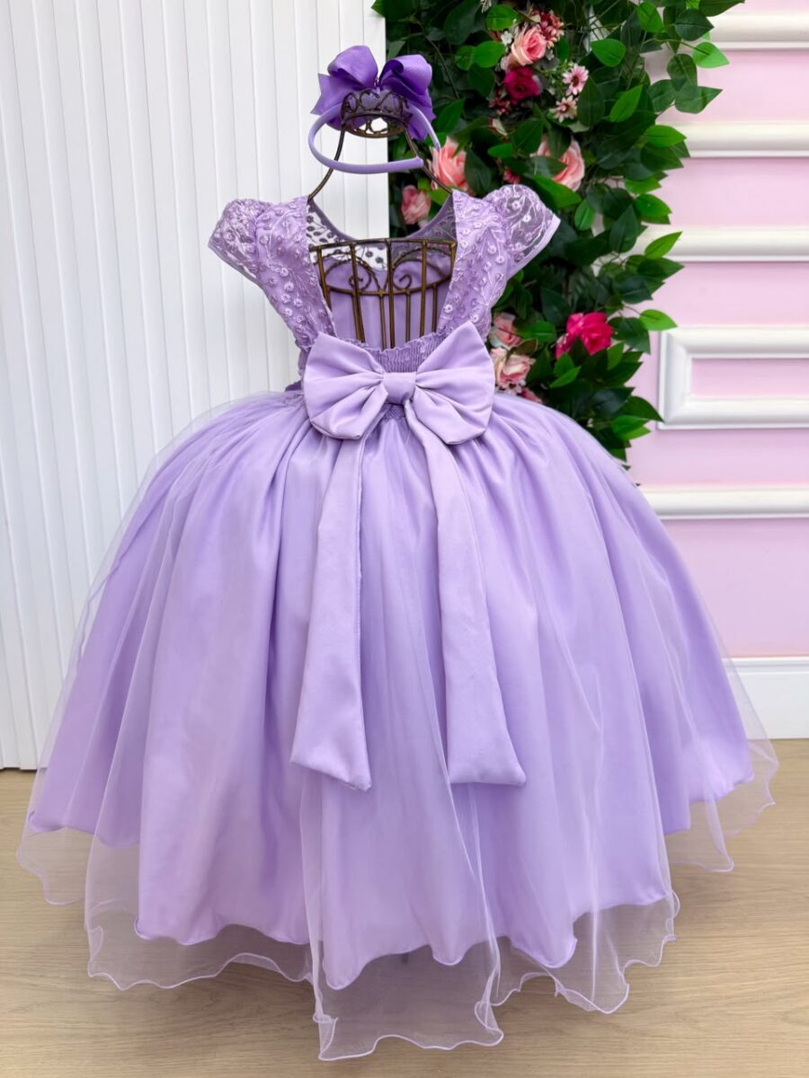 Vestido Longo Infantil Carol Mini Miss Lilás Renda e Tule