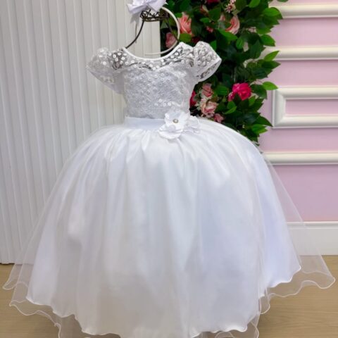Vestido Longo Infantil Carol Mini Miss Branco Renda e Tule