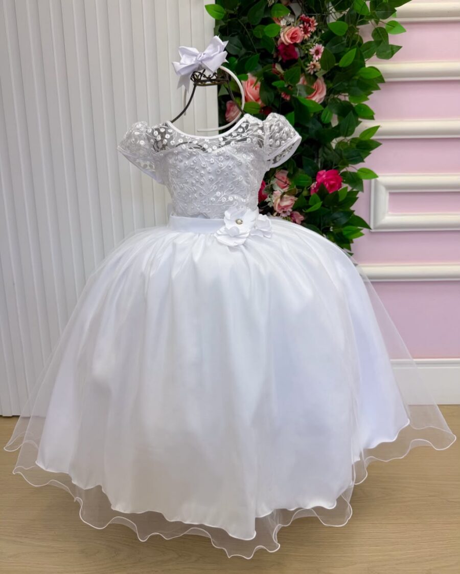 Vestido Longo Infantil Carol Mini Miss Branco Renda e Tule