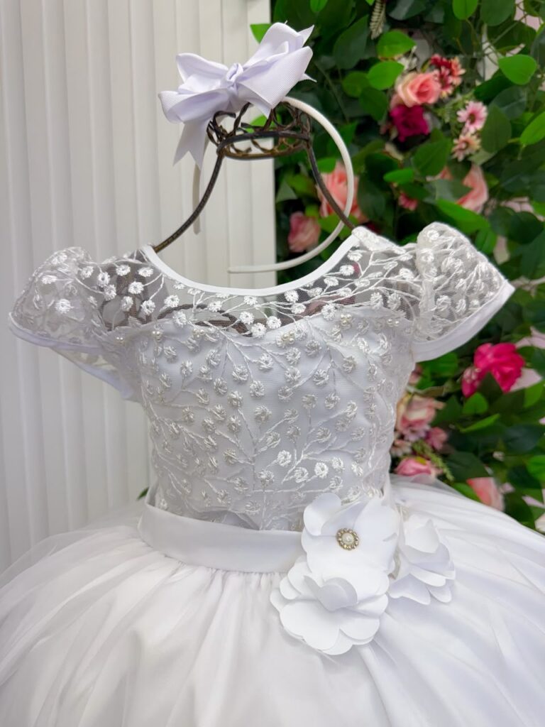 Vestido Longo Infantil Carol Mini Miss Branco Renda e Tule