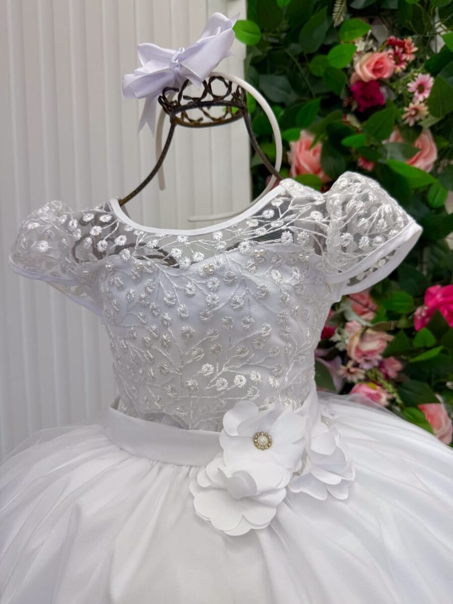 Vestido Longo Infantil Carol Mini Miss Branco Renda e Tule