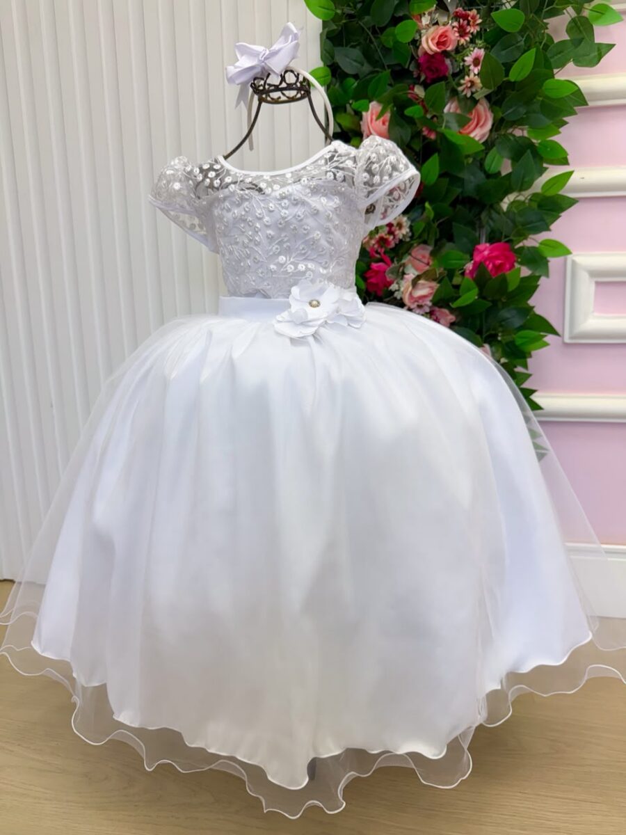 Vestido Longo Infantil Carol Mini Miss Branco Renda e Tule
