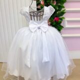 Vestido Longo Infantil Carol Mini Miss Branco Renda e Tule
