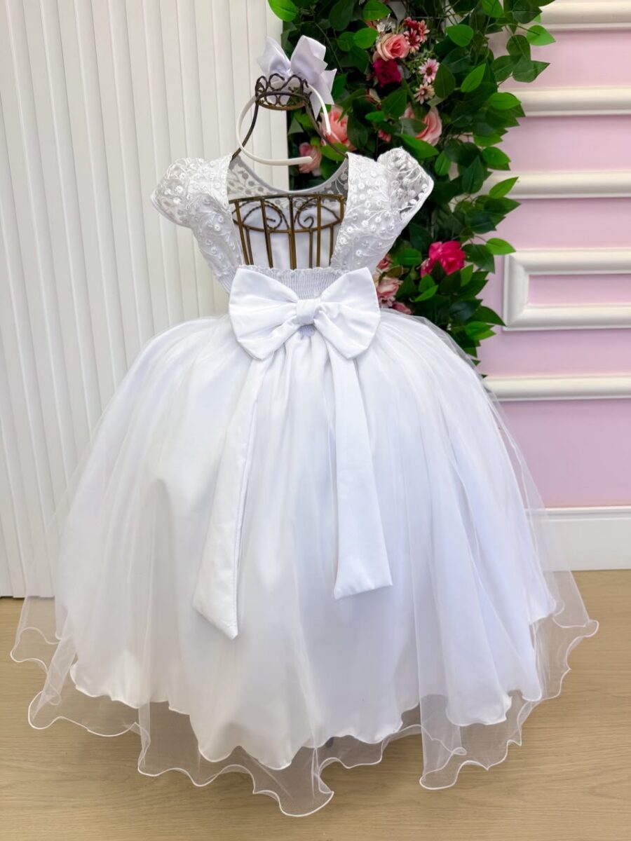 Vestido Longo Infantil Carol Mini Miss Branco Renda e Tule