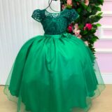 Vestido Longo Infantil Carol Mini Miss Verde Bandeira Renda