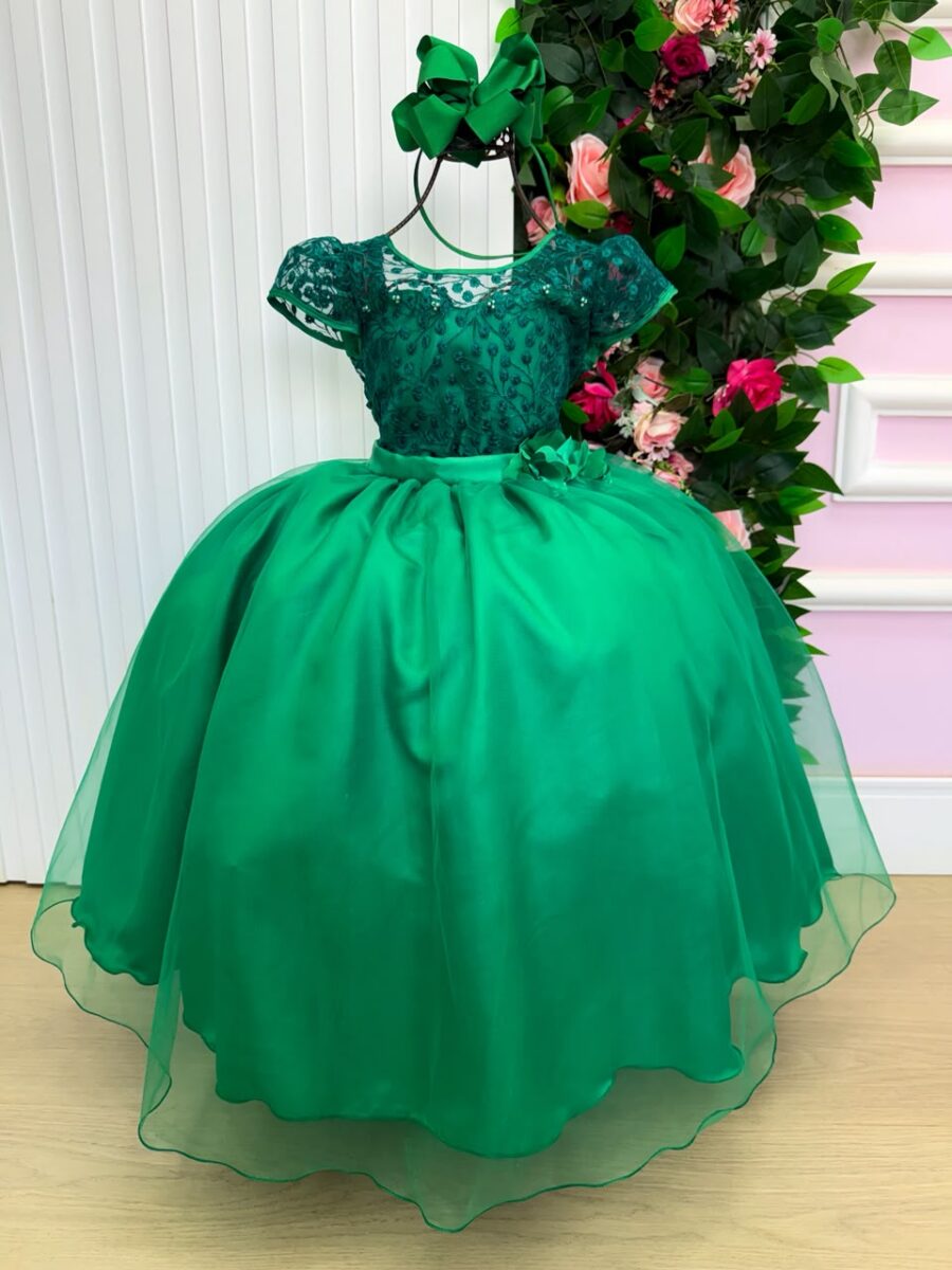 Vestido Longo Infantil Carol Mini Miss Verde Bandeira Renda