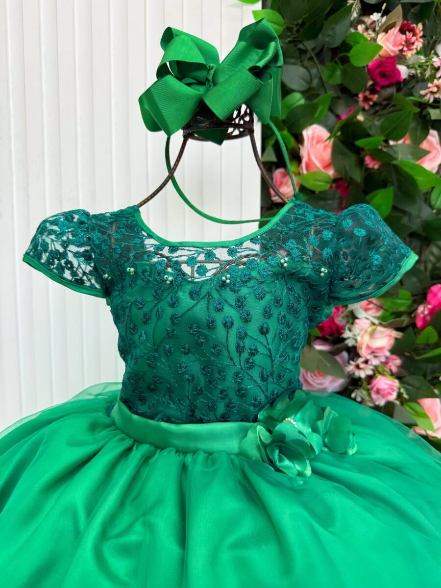Vestido Longo Infantil Carol Mini Miss Verde Bandeira Renda