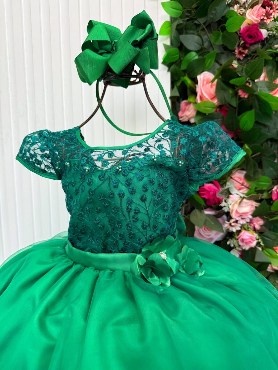 Vestido Longo Infantil Carol Mini Miss Verde Bandeira Renda
