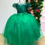 Vestido Longo Infantil Carol Mini Miss Verde Bandeira Renda