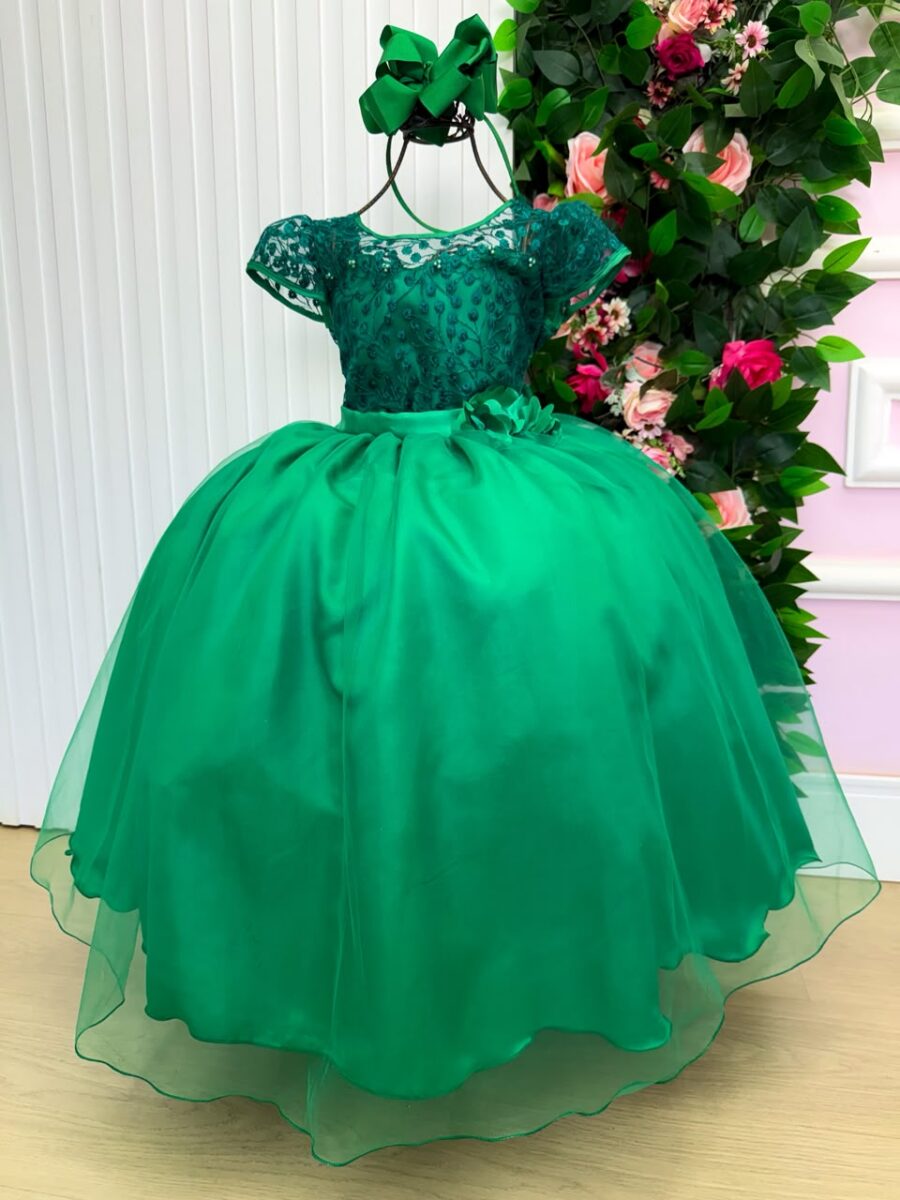 Vestido Longo Infantil Carol Mini Miss Verde Bandeira Renda
