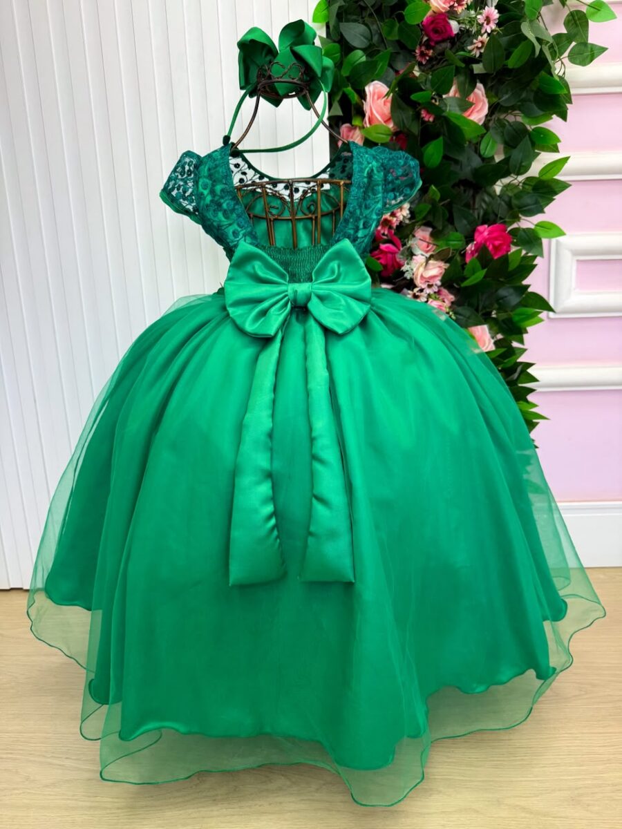 Vestido Longo Infantil Carol Mini Miss Verde Bandeira Renda