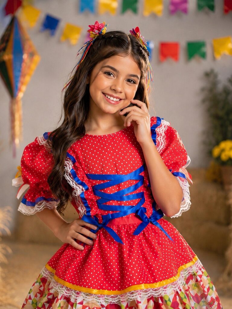 Vestido Junino Infantil Arraiá Vermelho Babados Coloridos