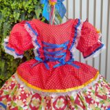 Vestido Junino Infantil Arraiá Vermelho Babados Coloridos