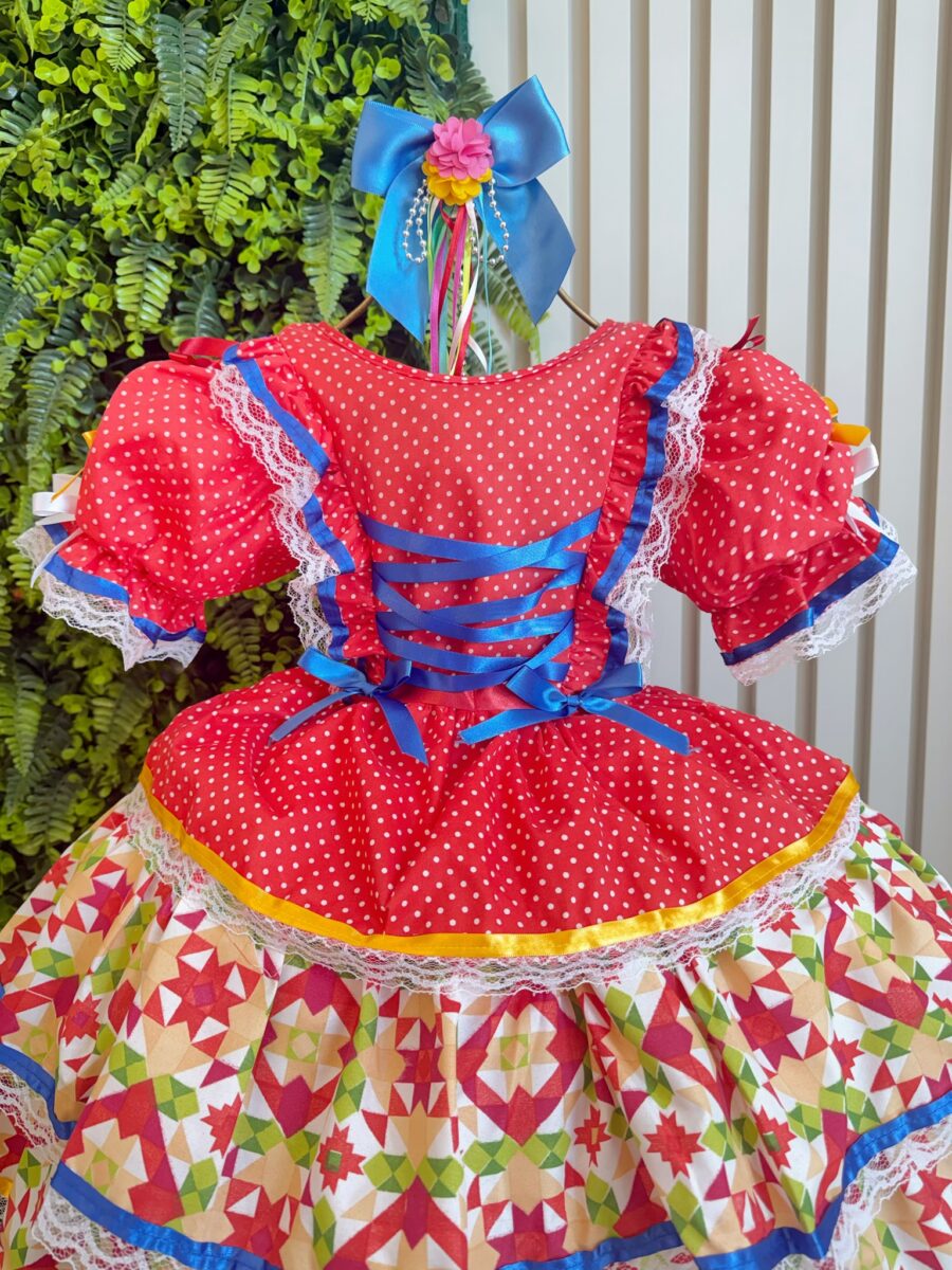 Vestido Junino Infantil Arraiá Vermelho Babados Coloridos