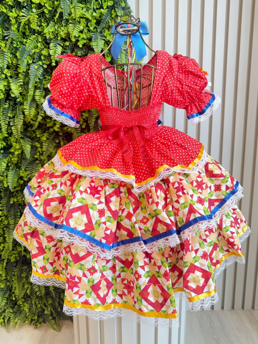 Vestido Junino Infantil Arraiá Vermelho Babados Coloridos