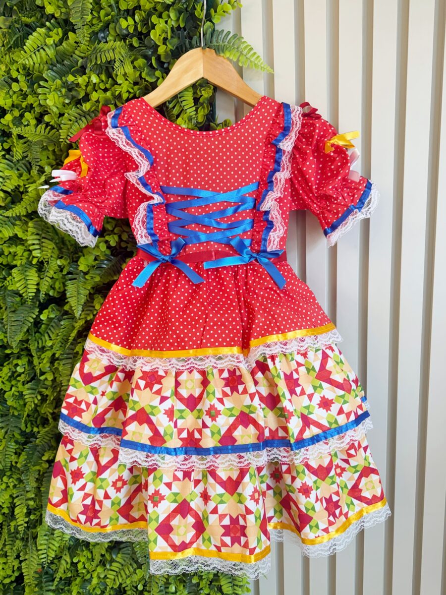 Vestido Junino Infantil Arraiá Vermelho Babados Coloridos