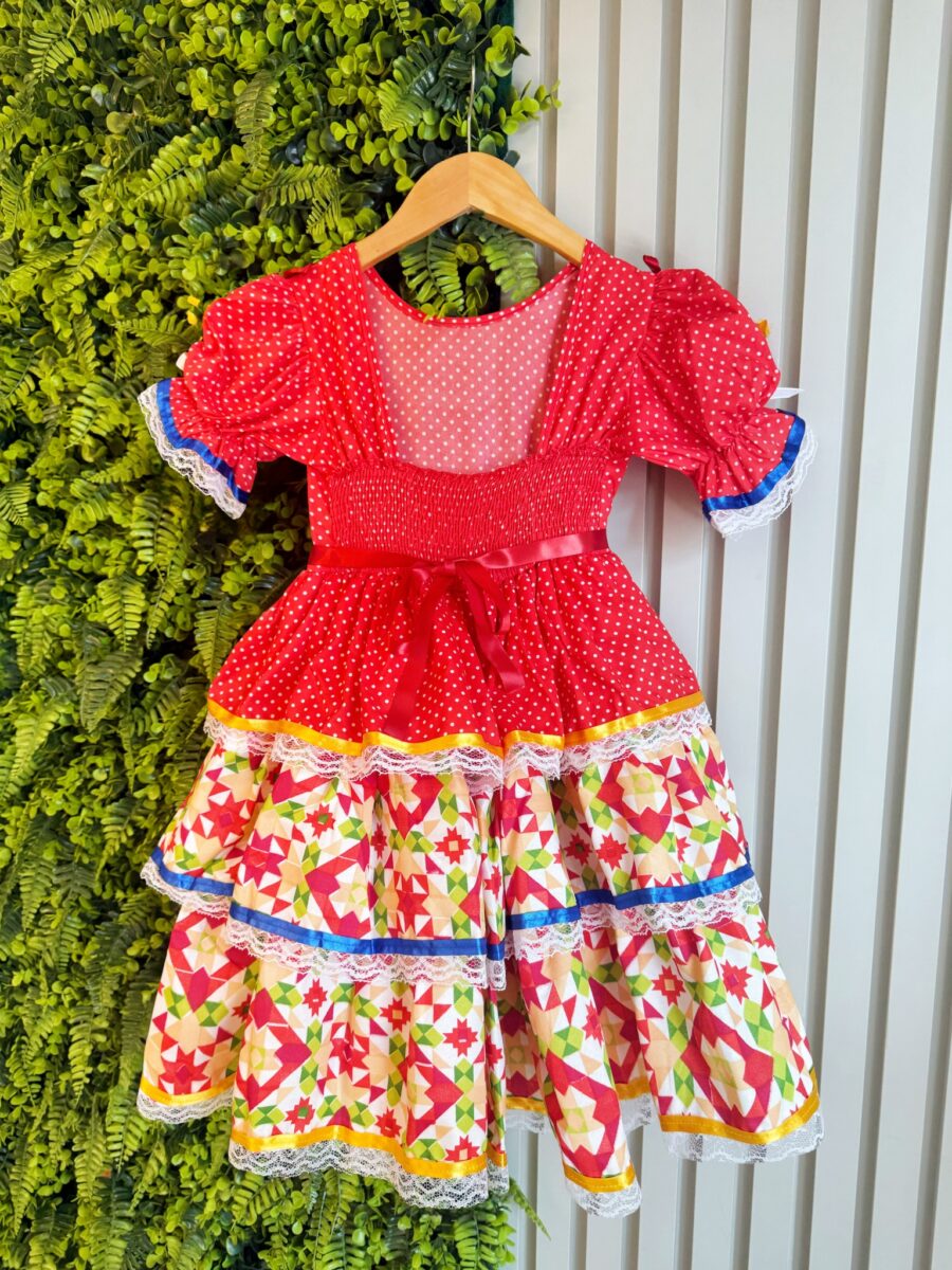 Vestido Junino Infantil Arraiá Vermelho Babados Coloridos