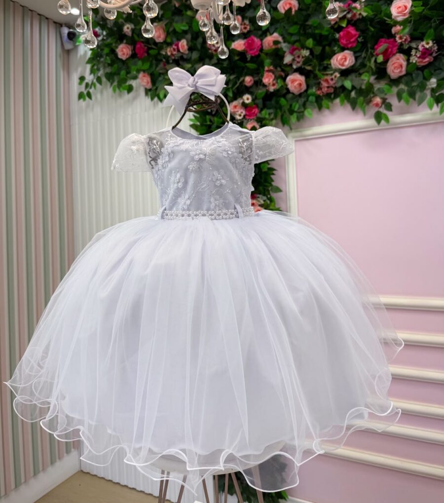 Vestido Infantil Jessica Menina Bonita Branco Renda e Tule