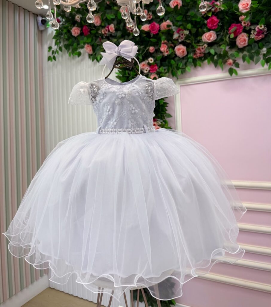 Vestido Infantil Jessica Menina Bonita Branco Renda e Tule