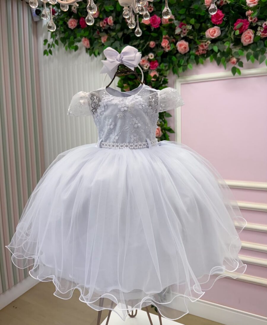 Vestido Infantil Jessica Menina Bonita Branco Renda e Tule