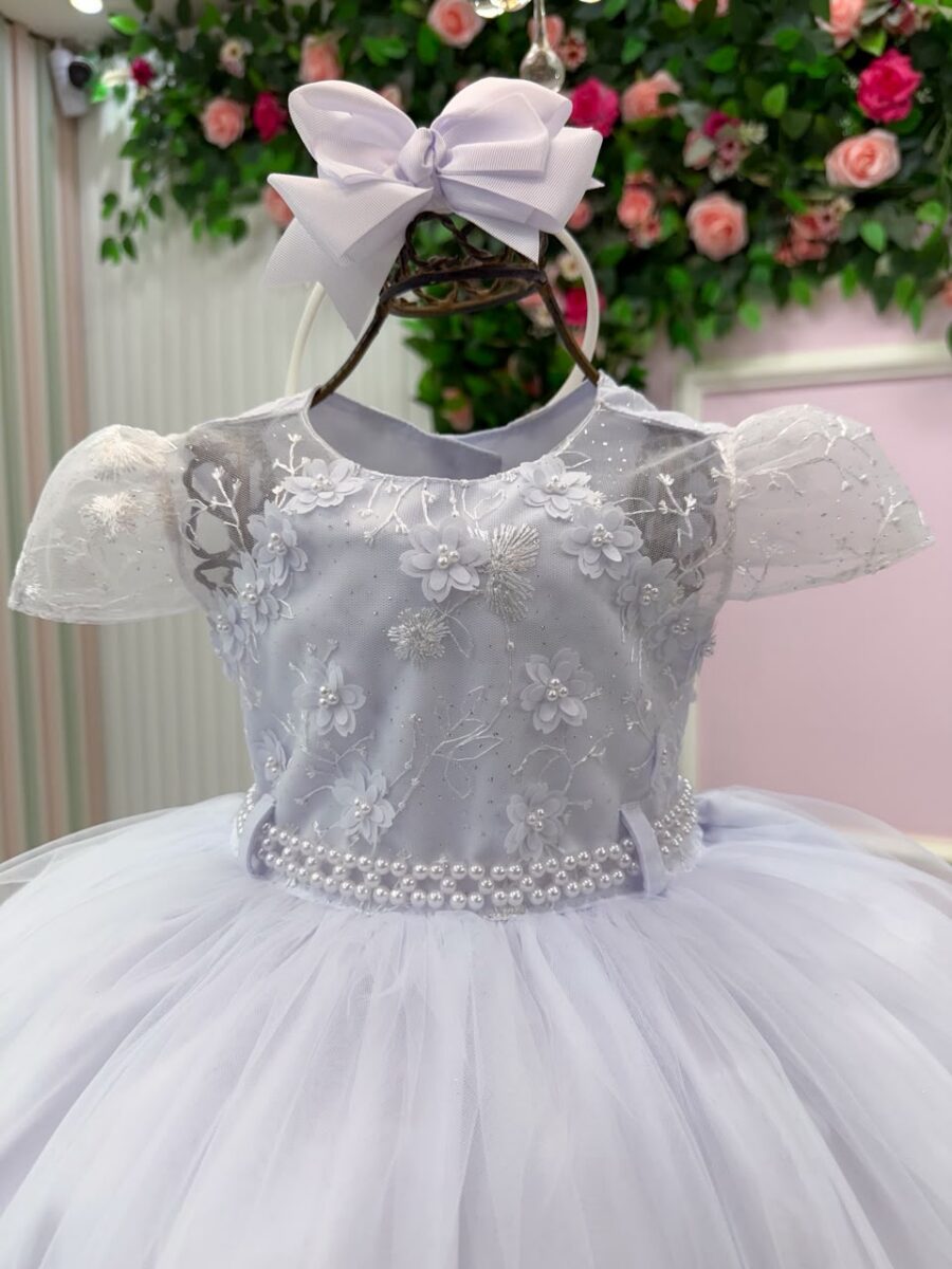 Vestido Infantil Jessica Menina Bonita Branco Renda e Tule