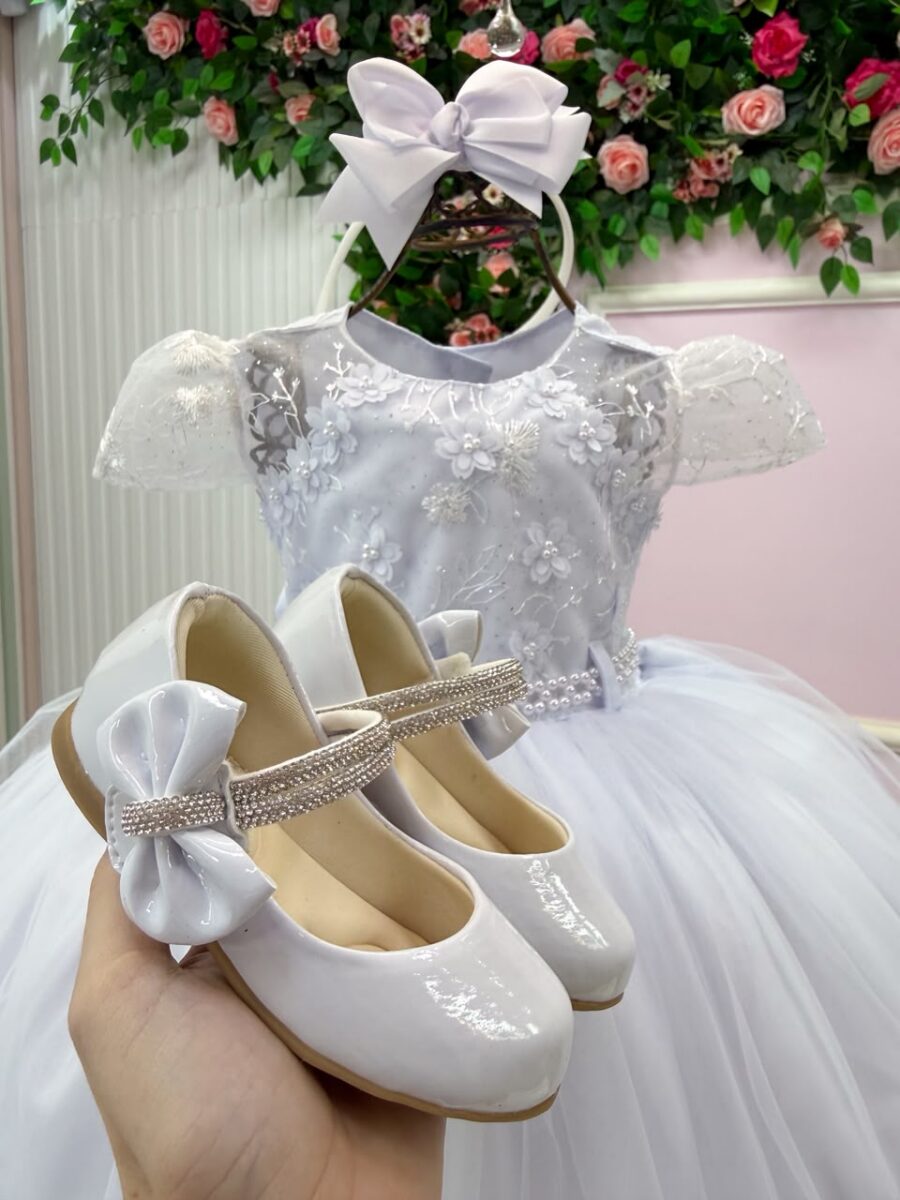 Vestido Infantil Jessica Menina Bonita Branco Renda e Tule