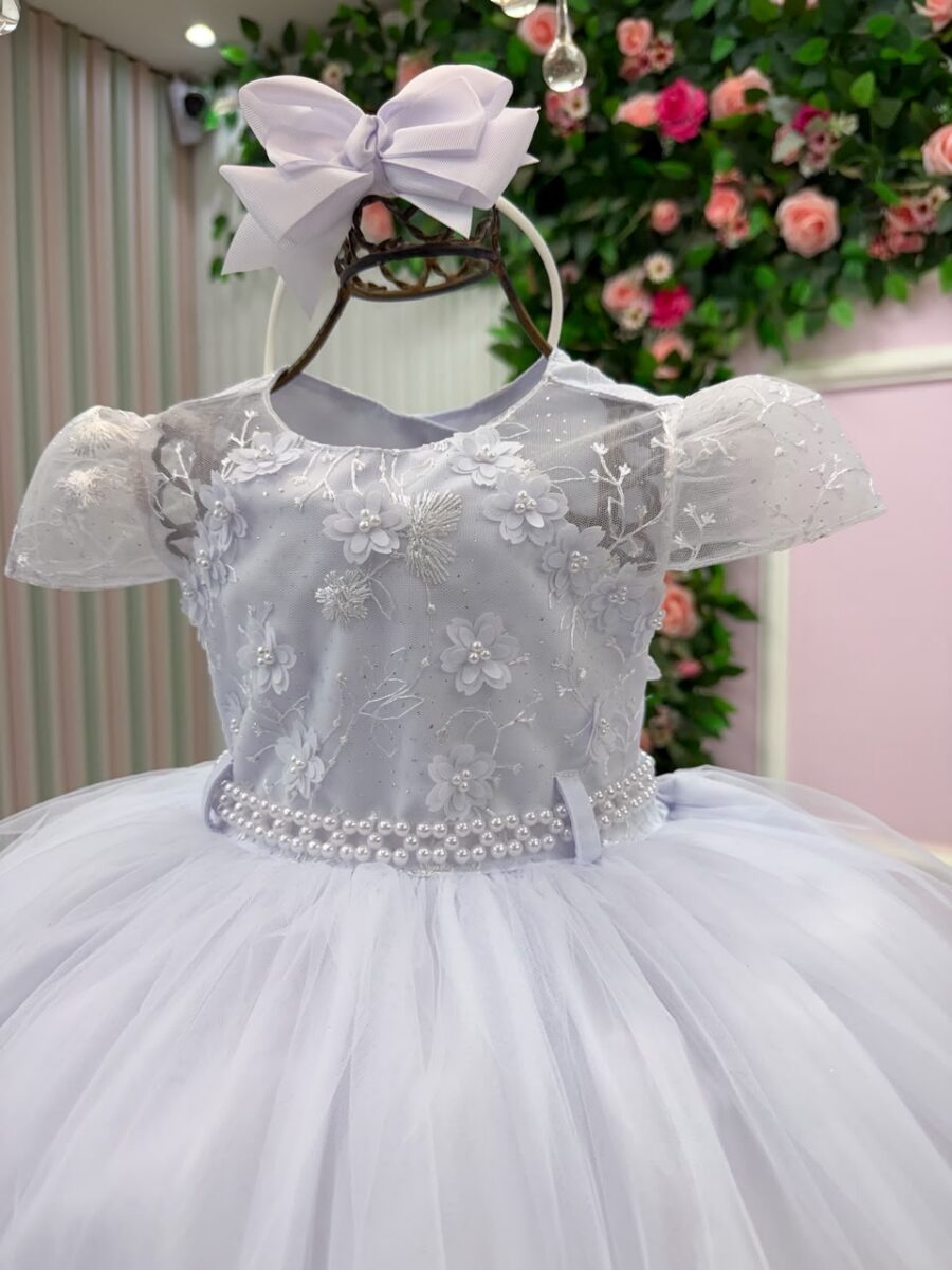 Vestido Infantil Jessica Menina Bonita Branco Renda e Tule