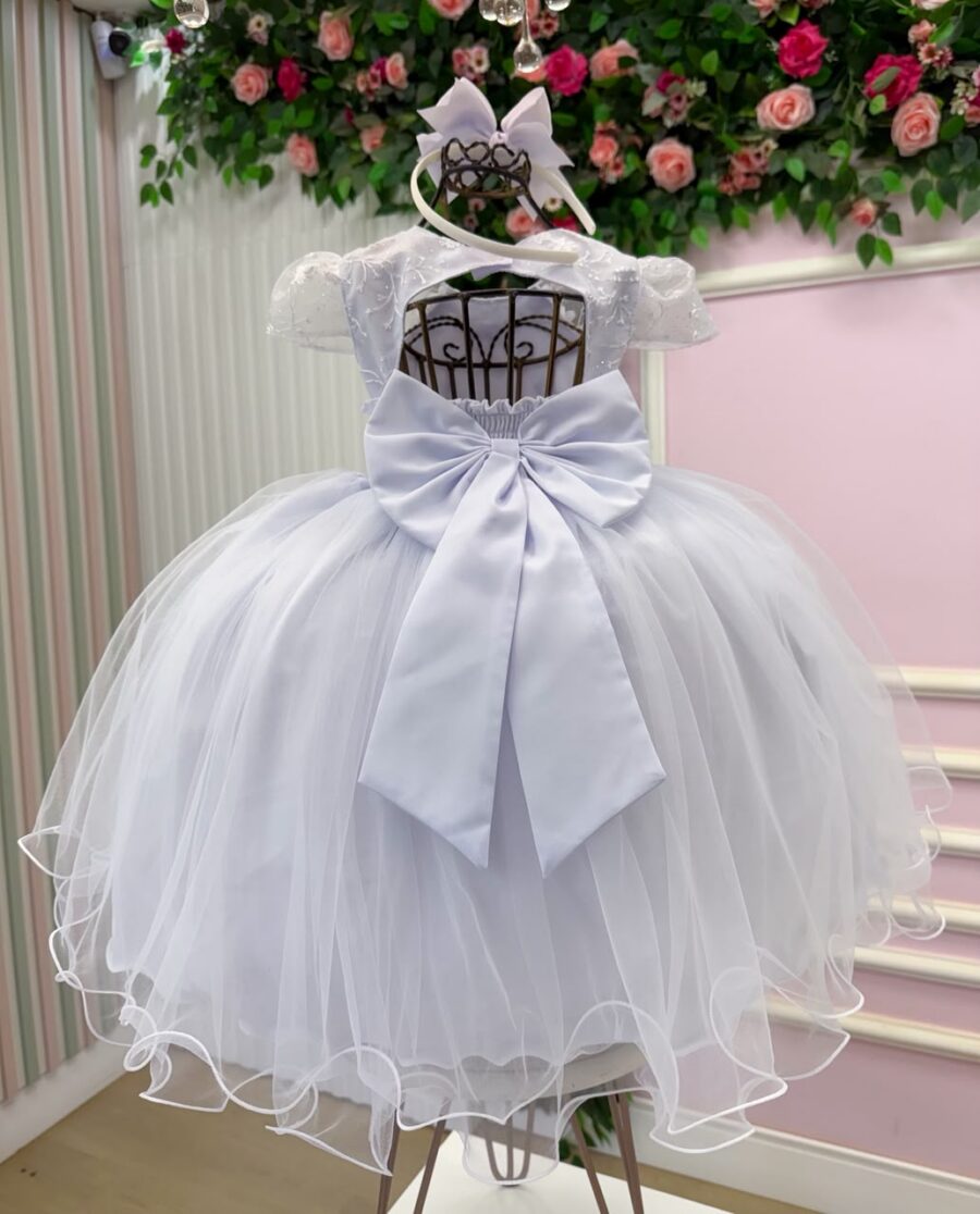 Vestido Infantil Jessica Menina Bonita Branco Renda e Tule
