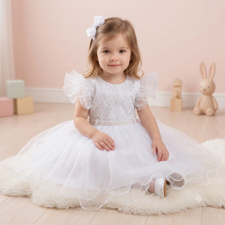 Vestido Infantil Lara Menina Bonita Branco Renda e Strass