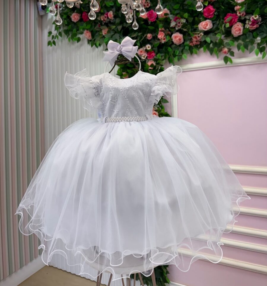 Vestido Infantil Lara Menina Bonita Branco Renda e Strass