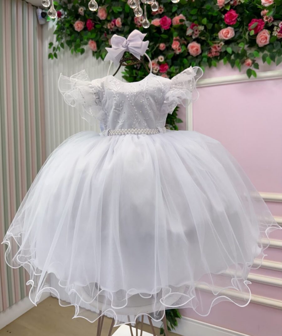 Vestido Infantil Lara Menina Bonita Branco Renda e Strass