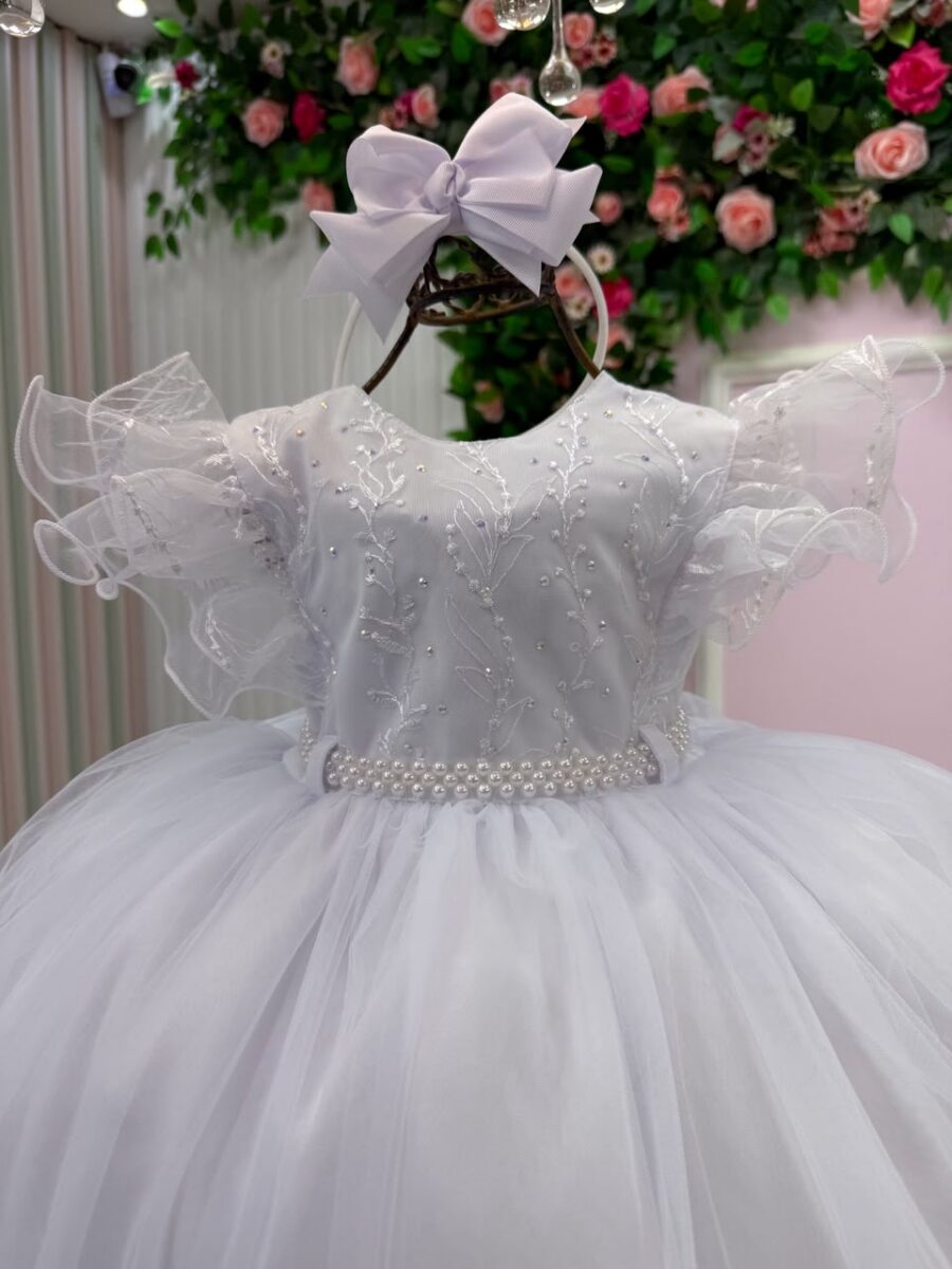 Vestido Infantil Lara Menina Bonita Branco Renda e Strass