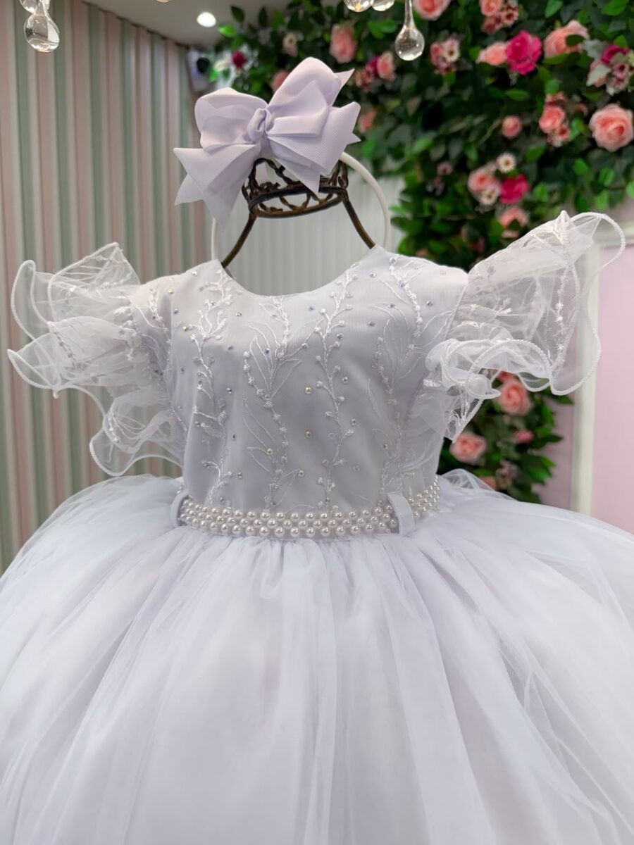 Vestido Infantil Lara Menina Bonita Branco Renda e Strass