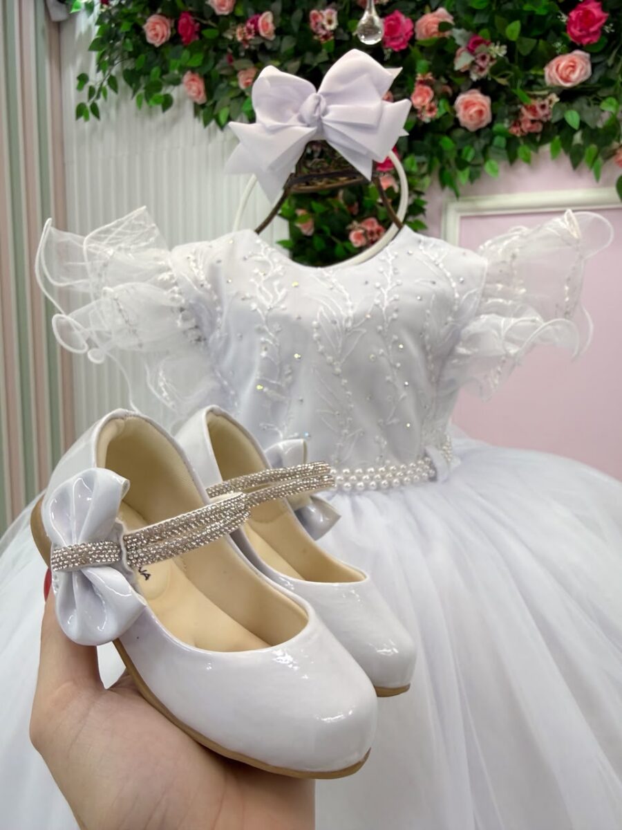 Vestido Infantil Lara Menina Bonita Branco Renda e Strass